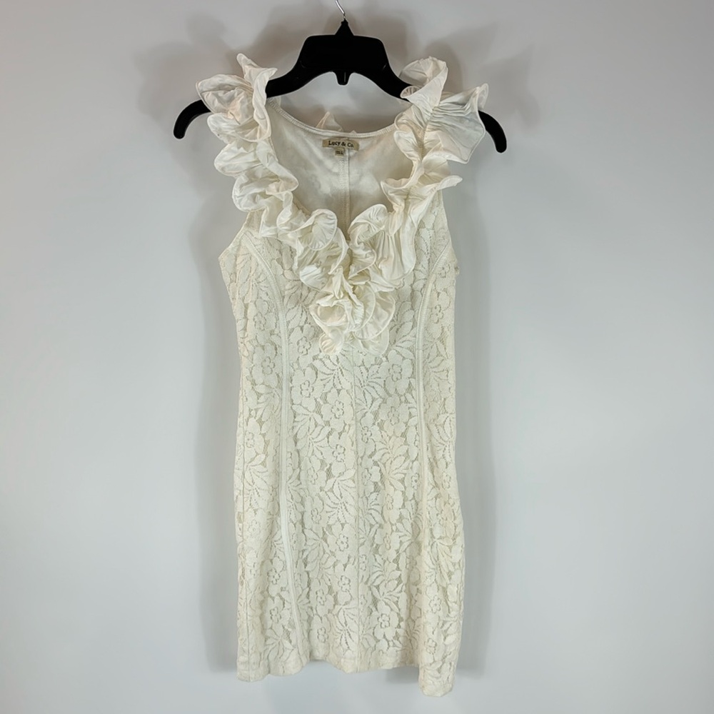 Sexy White Lace Fitted Mini Dress with Ruffle Collar